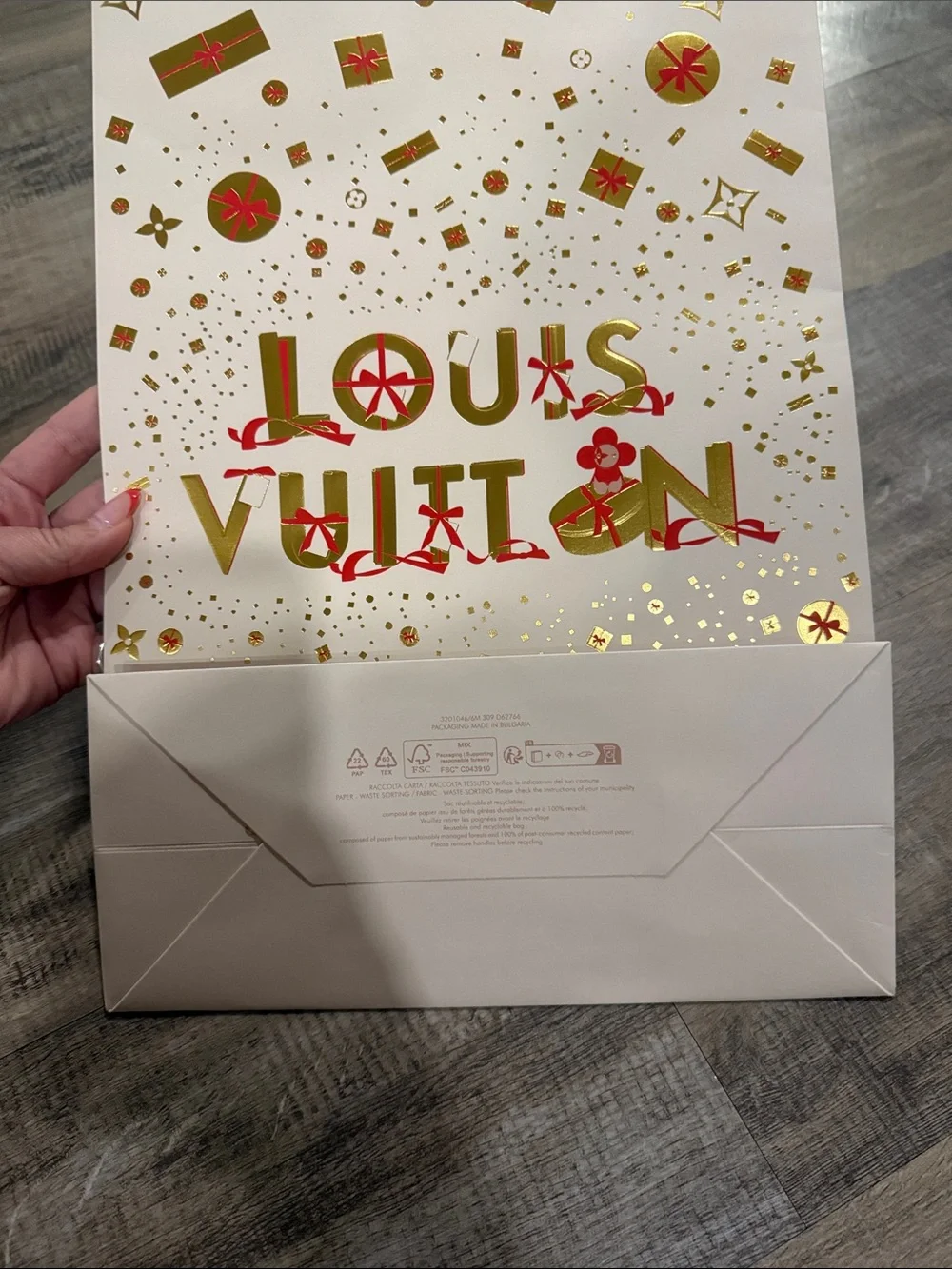 Louis Vuitton White Gift Bag with Gold Foil and Red Handles